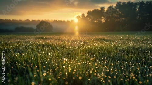 The early morning light casts a warm glow on the landscape, creating a tranquil and peaceful scene.