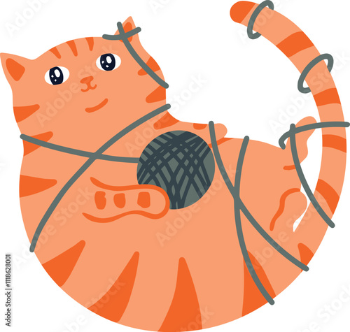 Playful ginger tabby cat finds itself adorably entangled in yarn, its paws wrapped around a ball of gray thread, creating a whimsical and charming scene
