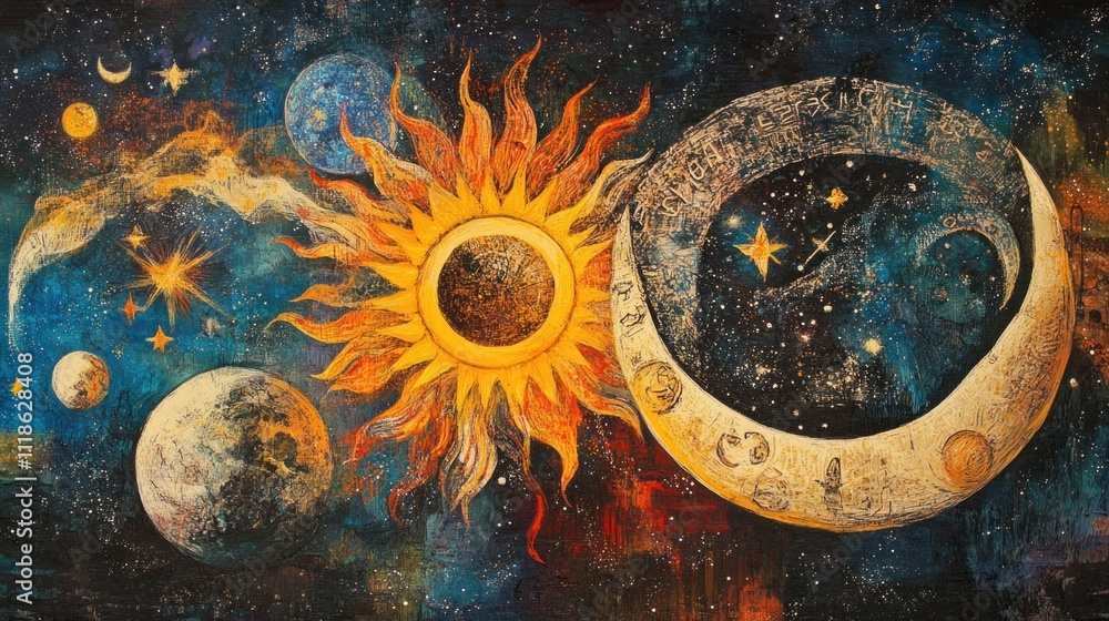 Celestial Dance: Sun, Moon, and Stars in Cosmic Embrace Celestial Dance: Sun, Moon, and Stars in Cosmic Embrace