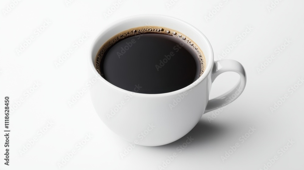 White cup filled with steaming black coffee, with a thin layer of foam on top White cup filled with steaming black coffee, with a thin layer of foam on top