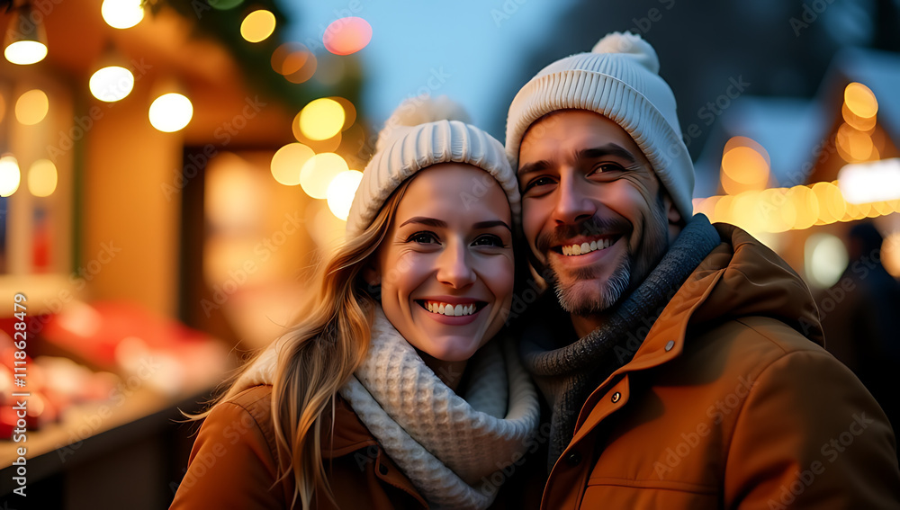A smiling couple enjoys a festive atmosphere at a Christmas market surrounded by bokeh lights and holiday decorations together warmly dressed._00001_ A smiling couple enjoys a festive atmosphere at a Christmas market surrounded by bokeh lights and holiday decorations together warmly dressed._00001_