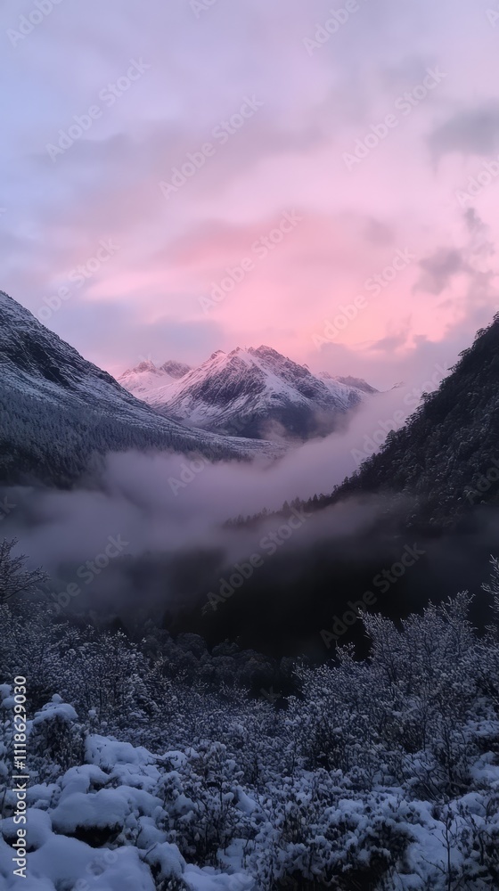 Obraz premium Pink Sky Mountain Peaks: A breathtaking view of snow-capped mountain peaks bathed in the soft glow of a pink sunrise, as mist swirls through the valleys. The scene evokes a sense of peace.