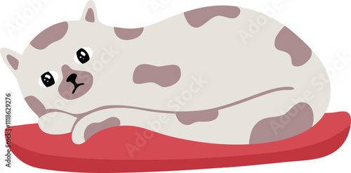 White cat with gray spots resting comfortably on a vibrant red pillow, savoring a tranquil moment of peace and relaxation in a cozy indoor setting