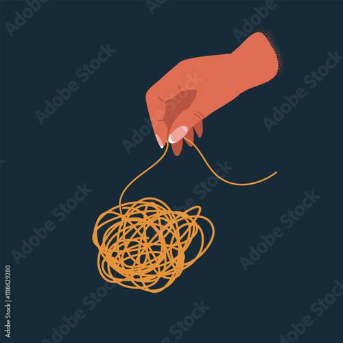 Cartoon vector illustration of hands and tangled thread. Untangling concept on dark background.