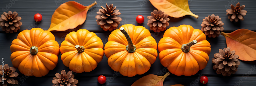 Fototapeta premium A seasonal setting with small pumpkins, pinecones, and berries captures the feeling of autumn and Thanksgiving perfectly._00001_