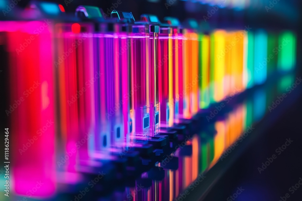 Vibrant multicolored tubes glow brightly in a row. Vibrant multicolored tubes glow brightly in a row.