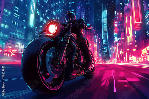 A futuristic motorcycle rider speeds through a neon-lit cityscape at night. photo