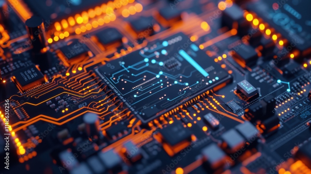 Complex electronic circuit board with glowing orange lines and a central processing unit managing data flow, representing innovation in technology and computer science Complex electronic circuit board with glowing orange lines and a central processing unit managing data flow, representing innovation in technology and computer science