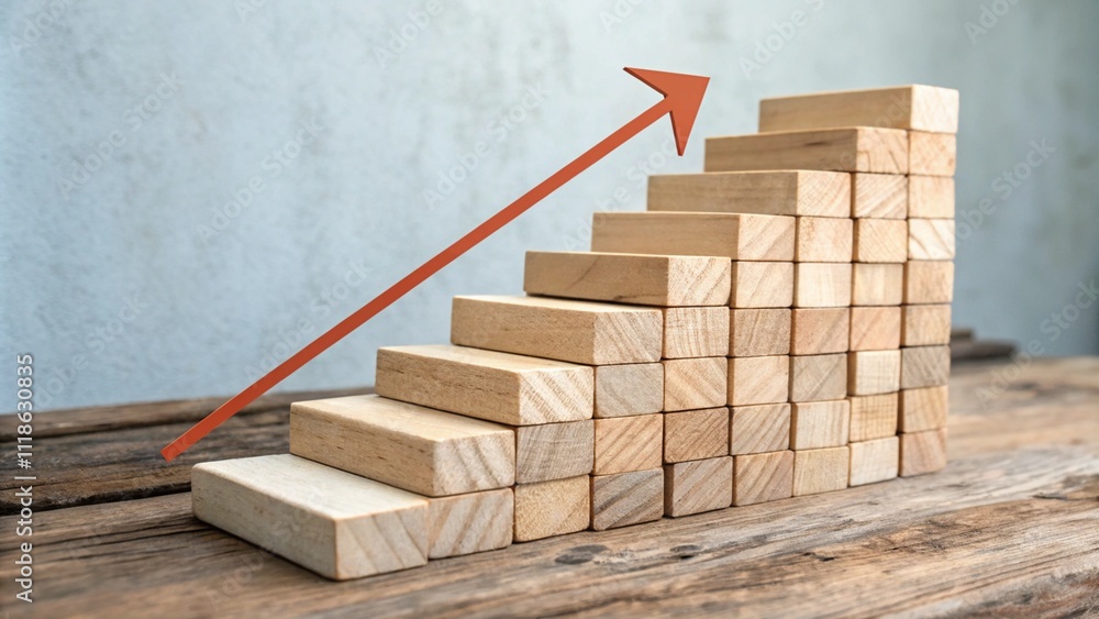 Wood block stacking as step stair with Growing arrow up in concept business growth success for forward achievement concept.
Wood block stacking as step stair with Growing arrow up in concept business growth success for forward achievement concept.