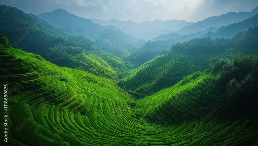 Serene Green Terraces and Rolling Mountains in Lush Landscapes under Soft Sky Light Capturing the Beauty of Nature's Majesty Serene Green Terraces and Rolling Mountains in Lush Landscapes under Soft Sky Light Capturing the Beauty of Nature's Majesty