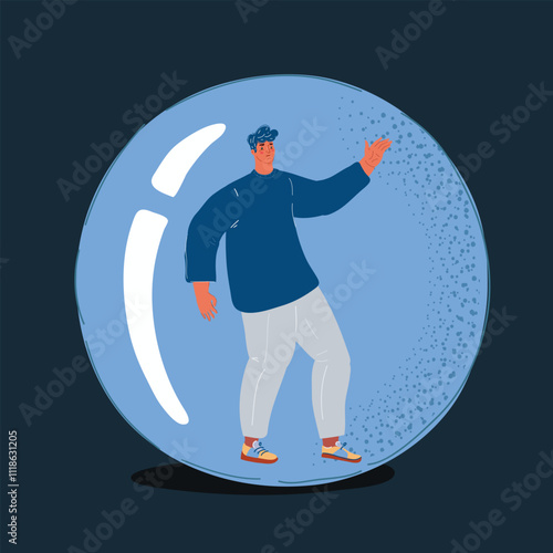 Cartoon vector illustration of man who is trapped inside of his world represented by bubble on dark background.