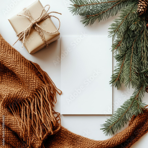 Cozy holiday scene with gift, blank paper, and evergreen branch on textured wood surface, perfect for seasonal greetings and festive inspirations photo