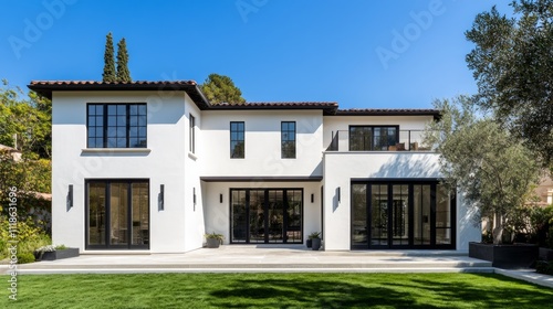 Modern white house with black windows, terracotta roof, and spacious backyard patio.