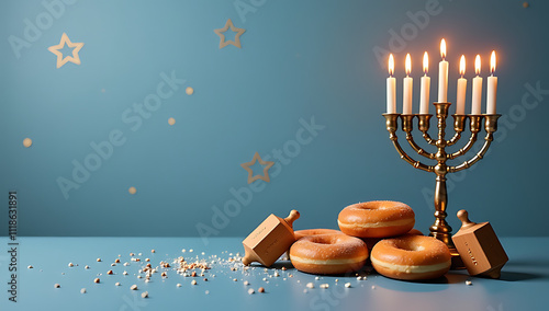 A menorah, doughnuts, and dreidels on a flat surface evoke the joy and tradition of the Hanukkah holiday in one image._00001_ photo