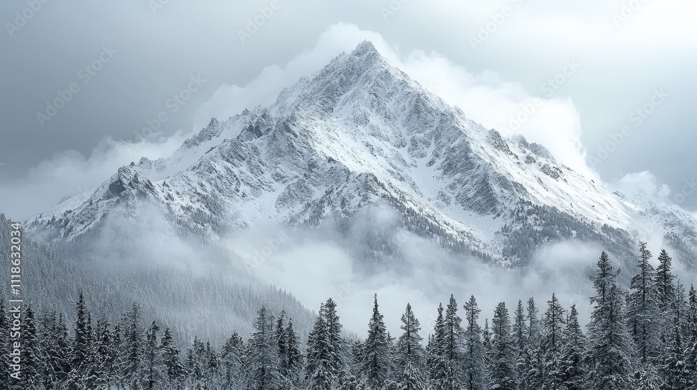 Fototapeta premium A snow covered mountain with trees in the foreground