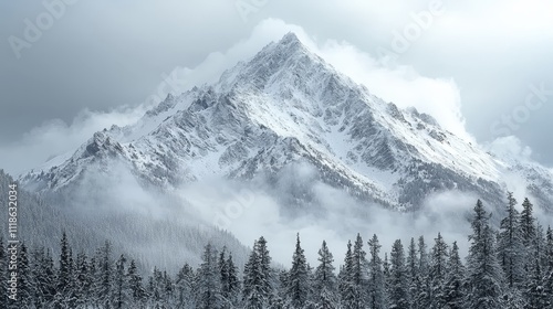 A snow covered mountain with trees in the foreground