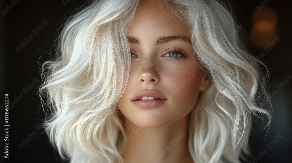 Woman with wavy platinum blonde hair and striking blue eyes poses in soft lighting for a close-up portrait showcasing natural beauty and elegant features Woman with wavy platinum blonde hair and striking blue eyes poses in soft lighting for a close-up portrait showcasing natural beauty and elegant features