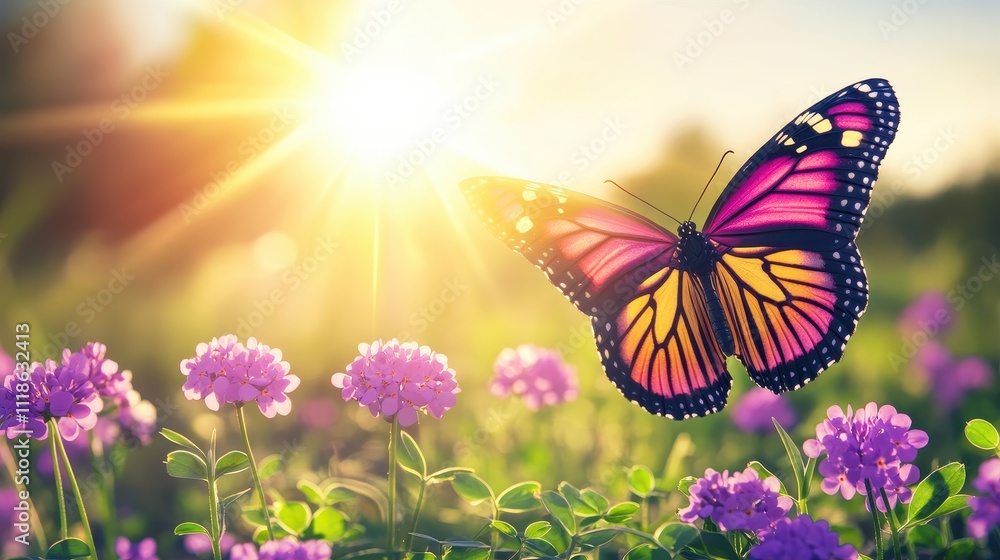 Butterfly in a field of flowers, bathed in sunlight. Butterfly in a field of flowers, bathed in sunlight.