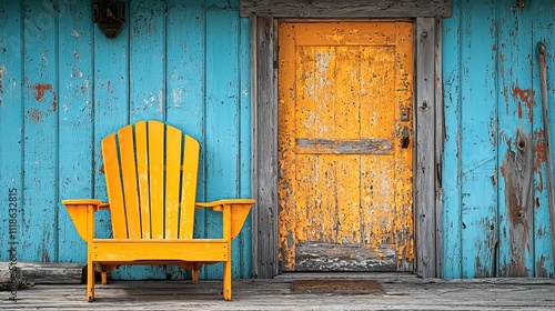 A yellow chair sitting in front of a blue wooden door