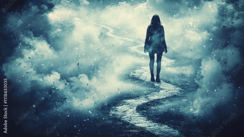 A person walking down a road in the middle of a stormy sky A person walking down a road in the middle of a stormy sky