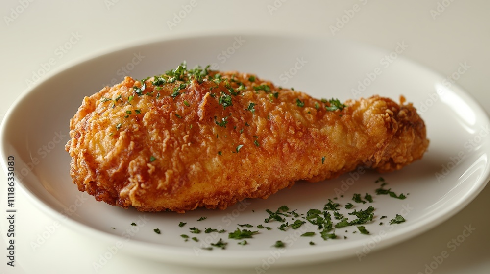 A crispy fried chicken drumstick garnished with herbs on a white plate. A crispy fried chicken drumstick garnished with herbs on a white plate.