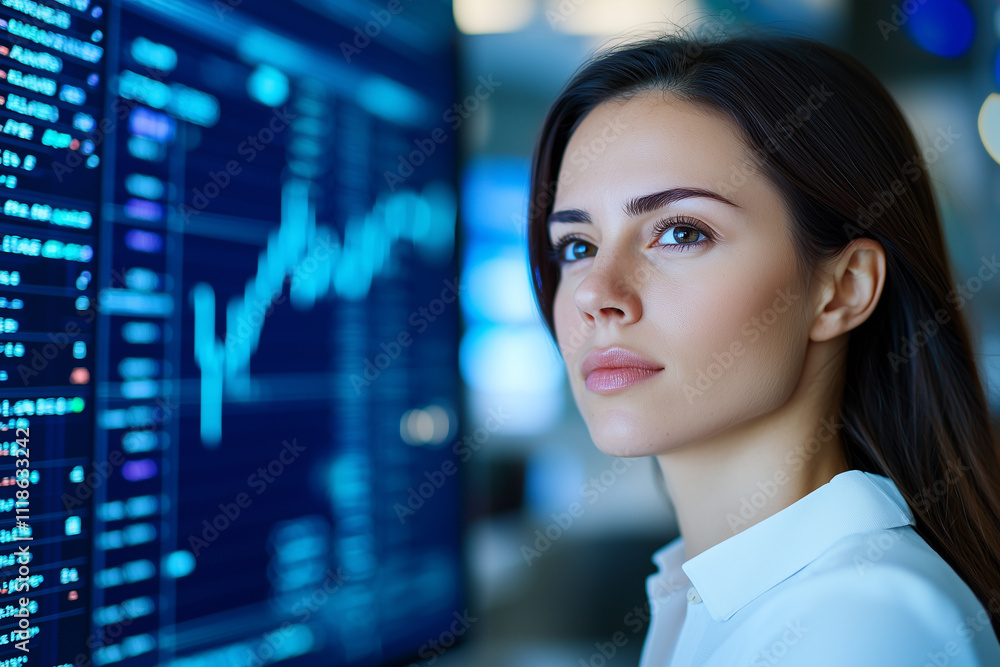focused businesswoman analyzing financial data on digital screen in modern office, reflecting determination and strategic thinking focused businesswoman analyzing financial data on digital screen in modern office, reflecting determination and strategic thinking