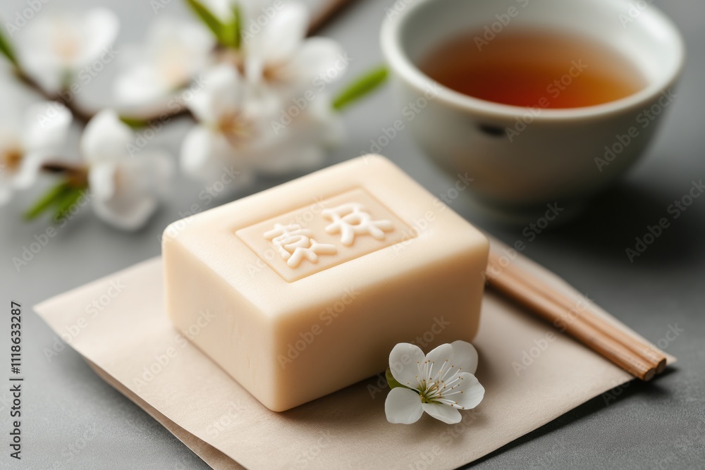 Traditional chinese new year rice cake with tea and blossoms design for posters and invitations Traditional chinese new year rice cake with tea and blossoms design for posters and invitations