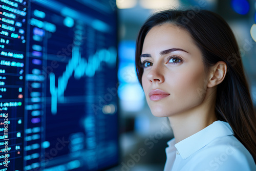 focused businesswoman analyzing financial data on digital screen in modern office, reflecting determination and strategic thinking