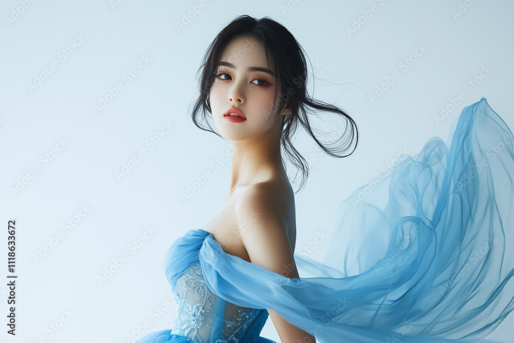 Elegant Asian woman in flowing blue evening gown, exuding grace and sophistication Elegant Asian woman in flowing blue evening gown, exuding grace and sophistication