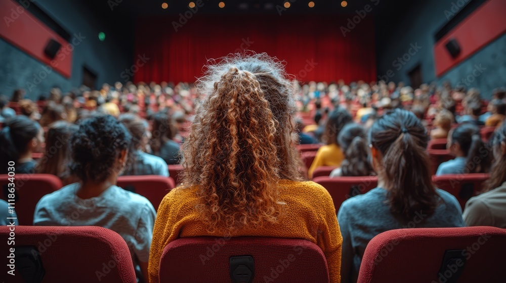 A group of people sitting in a theater watching a movie A group of people sitting in a theater watching a movie