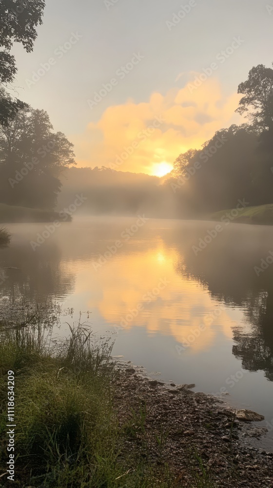 Fototapeta premium Golden Hour Serenity: A serene mist-shrouded lake reflects the warm glow of the rising sun, painting the landscape with tranquil beauty.