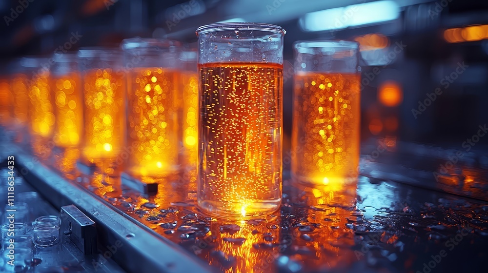 A row of glasses filled with liquid sitting on top of a conveyor belt A row of glasses filled with liquid sitting on top of a conveyor belt