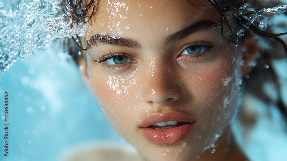 Enchanting underwater portrait capturing a young woman's striking blue eyes and wet hair illuminated by soft light Enchanting underwater portrait capturing a young woman's striking blue eyes and wet hair illuminated by soft light