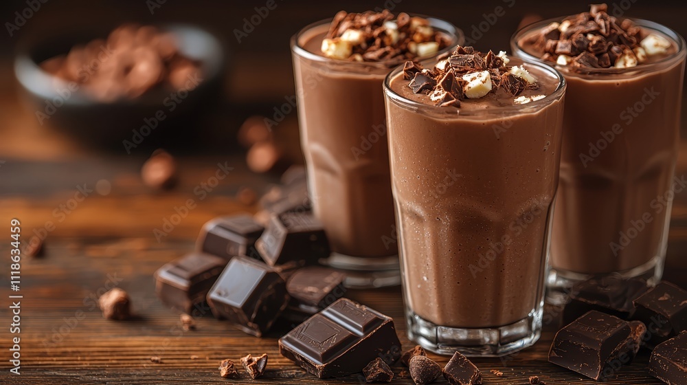 Three glasses of chocolate milkshake with chocolate chips on a wooden table Three glasses of chocolate milkshake with chocolate chips on a wooden table