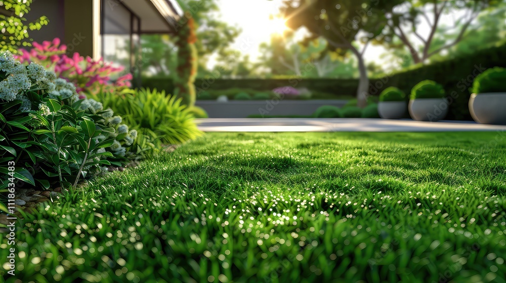 Obraz premium Mowed grass in the garden, blurred bushes and a house in the background,