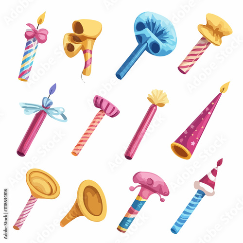 Vibrant Party Blowers Set for Happy Birthday Holiday Celebration photo