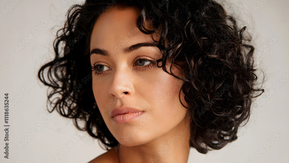 Close-Up Portrait of a Woman with Curly Black Hair and Natural Expression Close-Up Portrait of a Woman with Curly Black Hair and Natural Expression