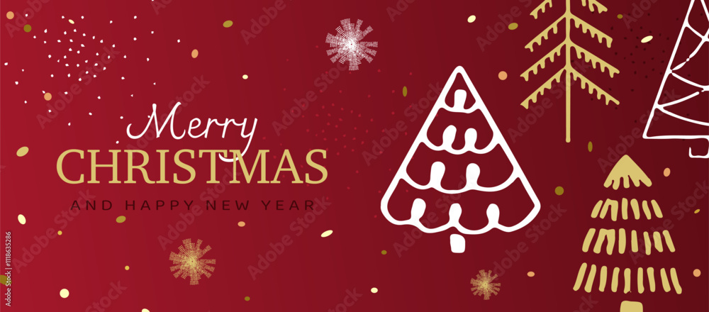 Fototapeta premium Merry Christmas and Happy New Year banner. Festive red background with abstract Christmas trees, golden elements, and snowflakes. Elegant winter holiday design.