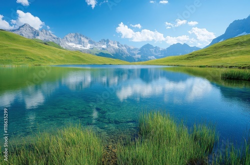 Serene Mountain Lake Surrounded by Lush Greenery and Majestic Peaks Under a Clear Blue Sky with Fluffy White Clouds Reflecting in the Calm Water