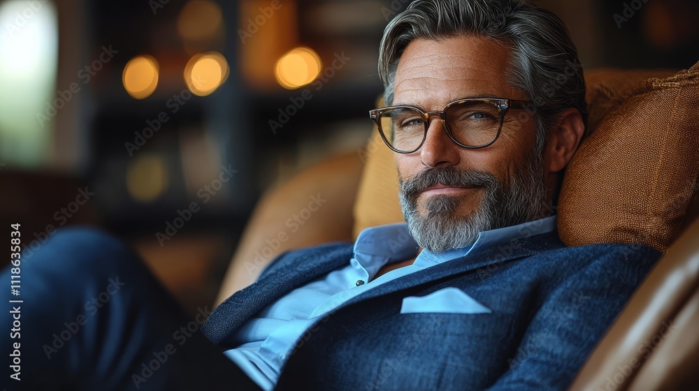 A man in a suit and glasses sitting in a chair A man in a suit and glasses sitting in a chair
