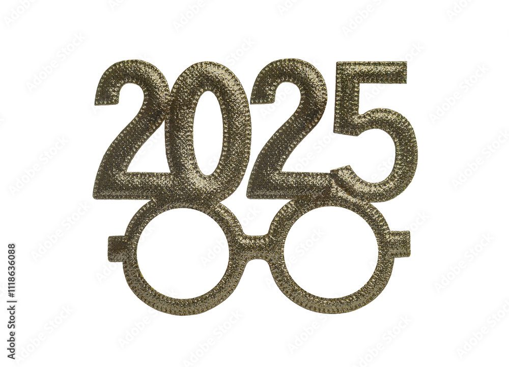 Happy New 2025 year in golden tones. Masquerade party glasses 2025 isolated on white background.