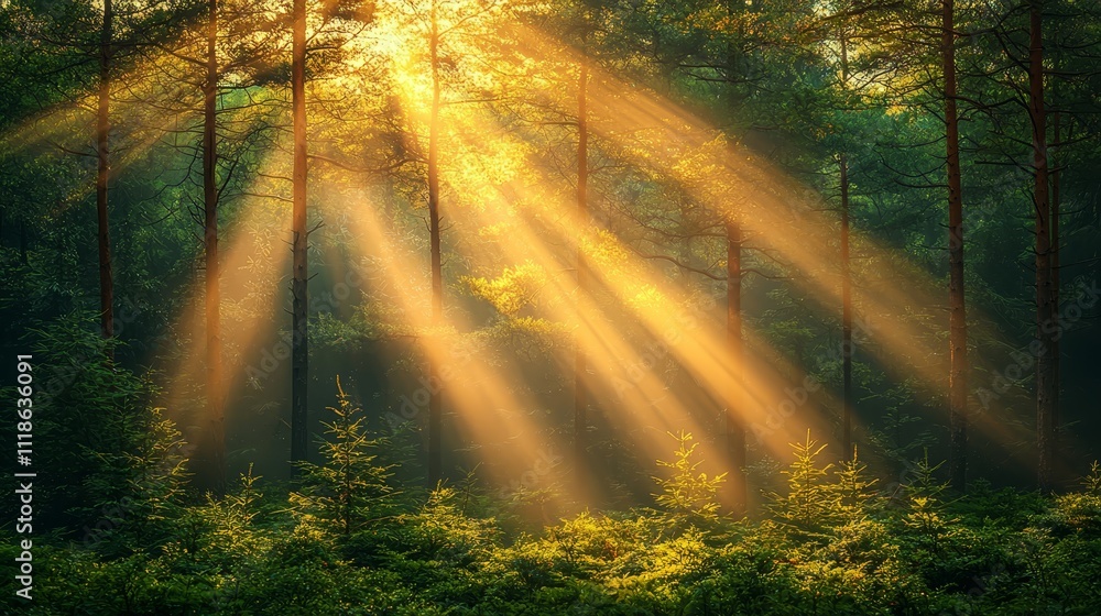 Fototapeta premium The sun is shining through the trees in the forest