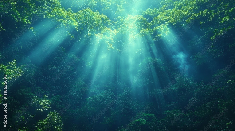 The sunbeams are shining through the trees in the forest The sunbeams are shining through the trees in the forest