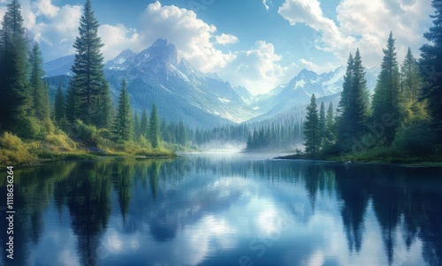 Wallpaper Mural Serene Mountain Landscape with Crystal Clear Lake and Lush Green Trees under a Bright Blue Sky with Fluffy Clouds and Majestic Peaks in the Background Torontodigital.ca