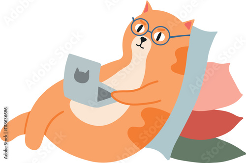 Relaxed ginger cat wearing round glasses and working from home, comfortably lying on pillows and using a laptop, depicting a cozy and productive work from home setup