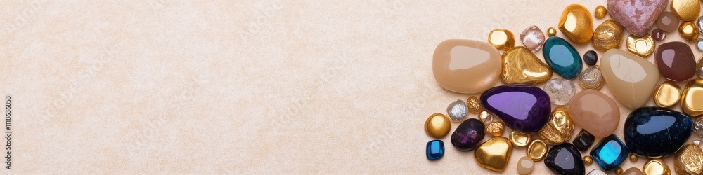 A collection of colorful stones and beads arranged in a circle. The stones are of various sizes and colors, including gold, purple, and blue. The arrangement creates a sense of harmony and balance A collection of colorful stones and beads arranged in a circle. The stones are of various sizes and colors, including gold, purple, and blue. The arrangement creates a sense of harmony and balance