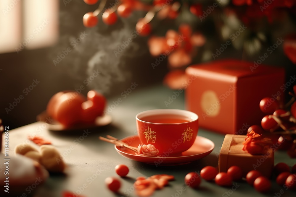 Fototapeta premium Chinese new year home altar scene with tea and oranges for festive celebration