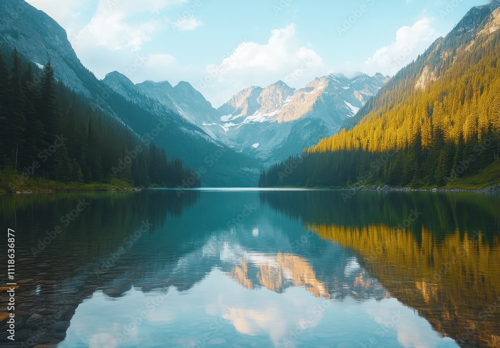 Serene Mountain Landscape with Reflective Lake and Verdant Forests Under a Clear Sky in the Heart of Nature's Majesty Serene Mountain Landscape with Reflective Lake and Verdant Forests Under a Clear Sky in the Heart of Nature's Majesty