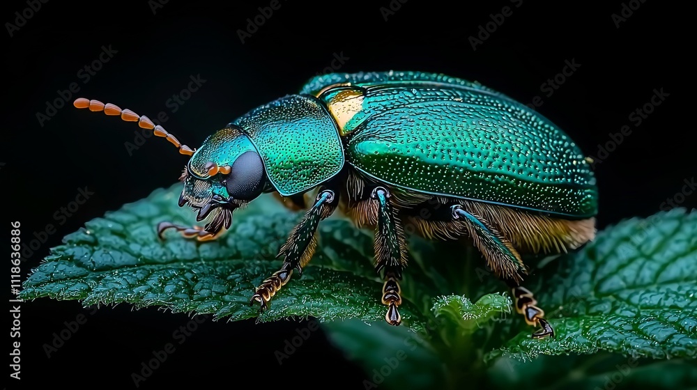 A green beetle sitting on top of a green leaf A green beetle sitting on top of a green leaf