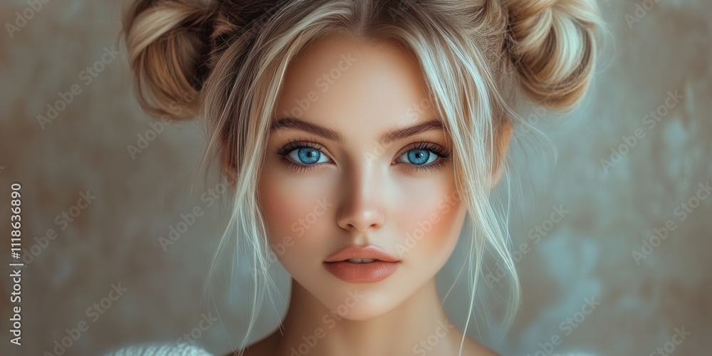 Portrait of a young woman with blonde hair styled in buns, showcasing striking blue eyes and natural makeup in a softly lit setting Portrait of a young woman with blonde hair styled in buns, showcasing striking blue eyes and natural makeup in a softly lit setting